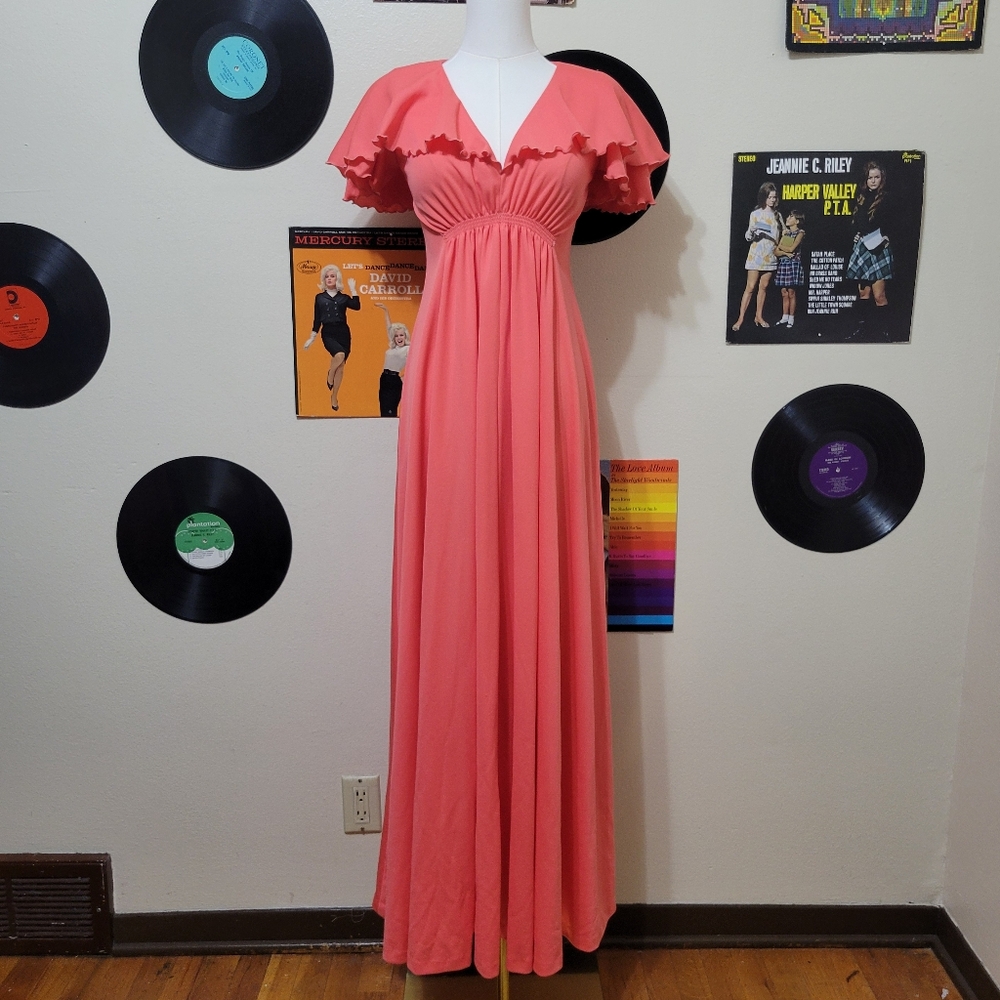 70s Vintage Coral Pink Ruffle Maxi Dress